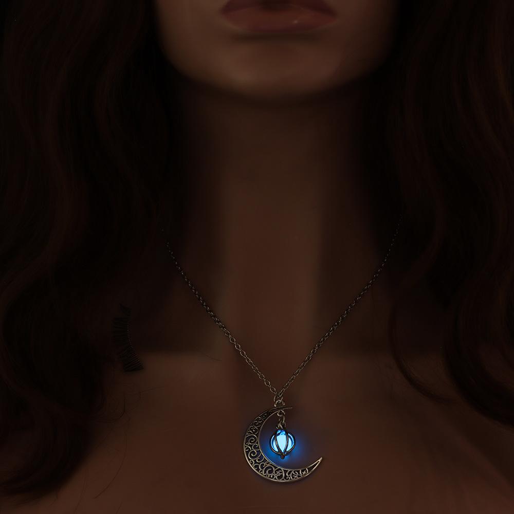 Unisex Gifts Xmas Luminous Necklace Silver Plated Moon&Pumpkin Pendant Glow In The Dark