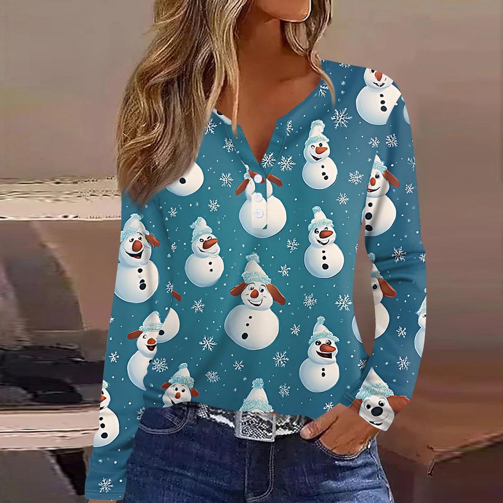 Women's T Shirt Tee Christmas Printed Button Long Sleeve Tunic Daily Weekend Fashion Basic V- Neck Regular Top