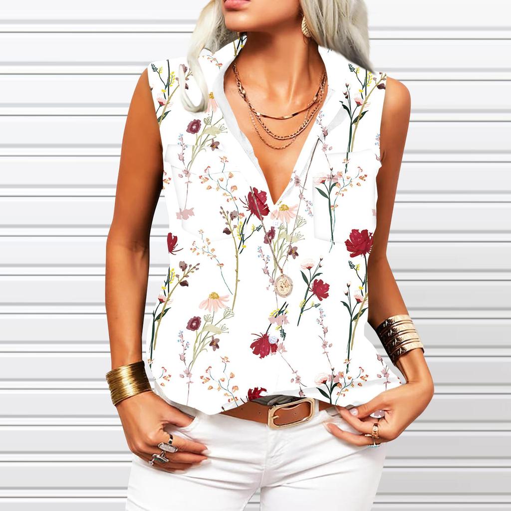 Women's Solid Lapel Sleeveless Tank Tops Summer Button Down Shirts Office Ladies Shirts