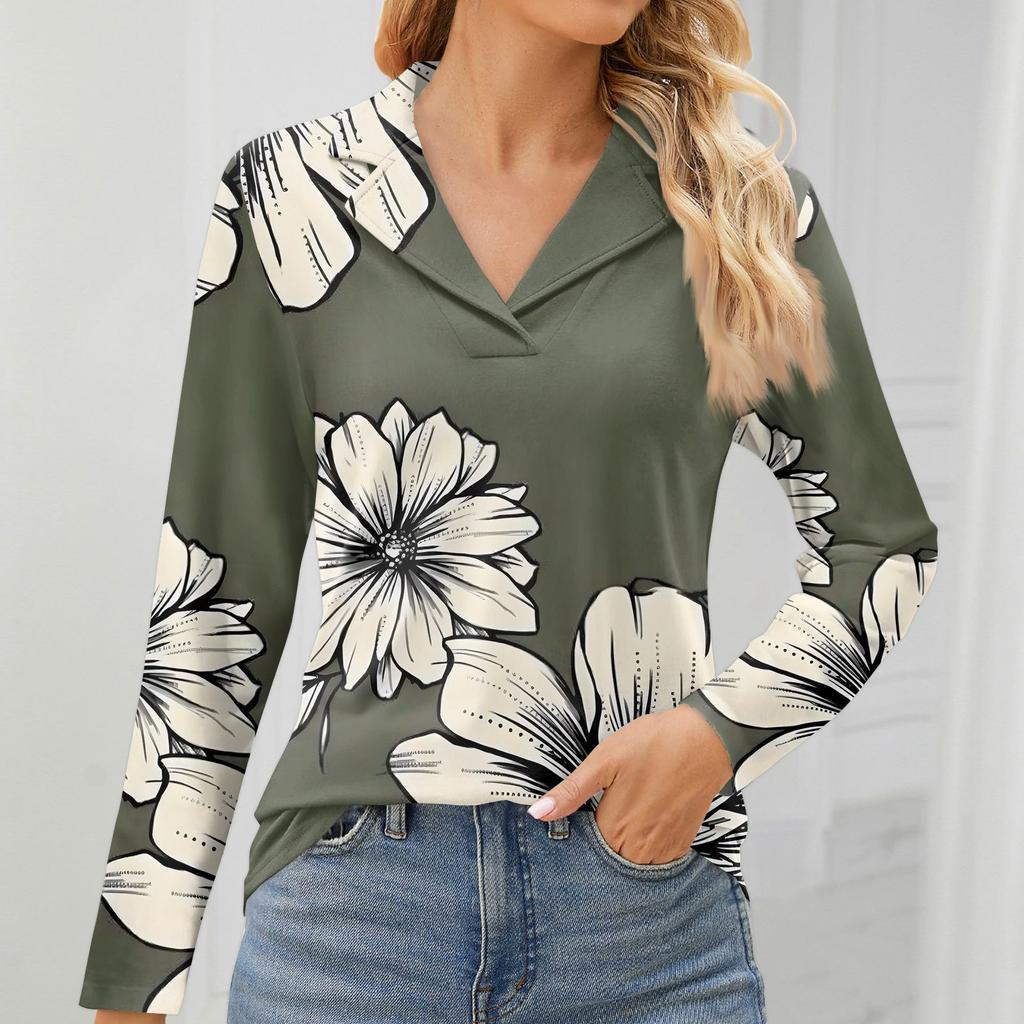 Women's Fashion Leisure Long Sleeve V Neck  Flower Printing  Top