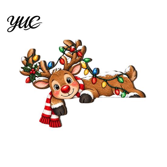 Santa Claus Reindeer Snowman Decor Wooden Christmas Door Topper, 2D Flat Elk Cat DIY Winter Holiday Wall Art Frame Corner Sign, Funny Ornament