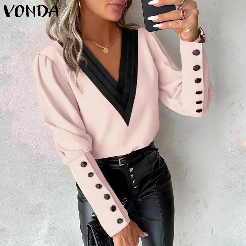VONDA Женские осенние блузки с V-образным вырезом и длинным рукавом, украшенные запонками