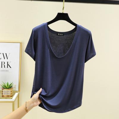 Летняя однотонная модальная футболка с U-образным вырезом и короткими рукавами для женщин, большой размер, базовый слой, тонкий свободный топ для верхней одежды, футболки женские