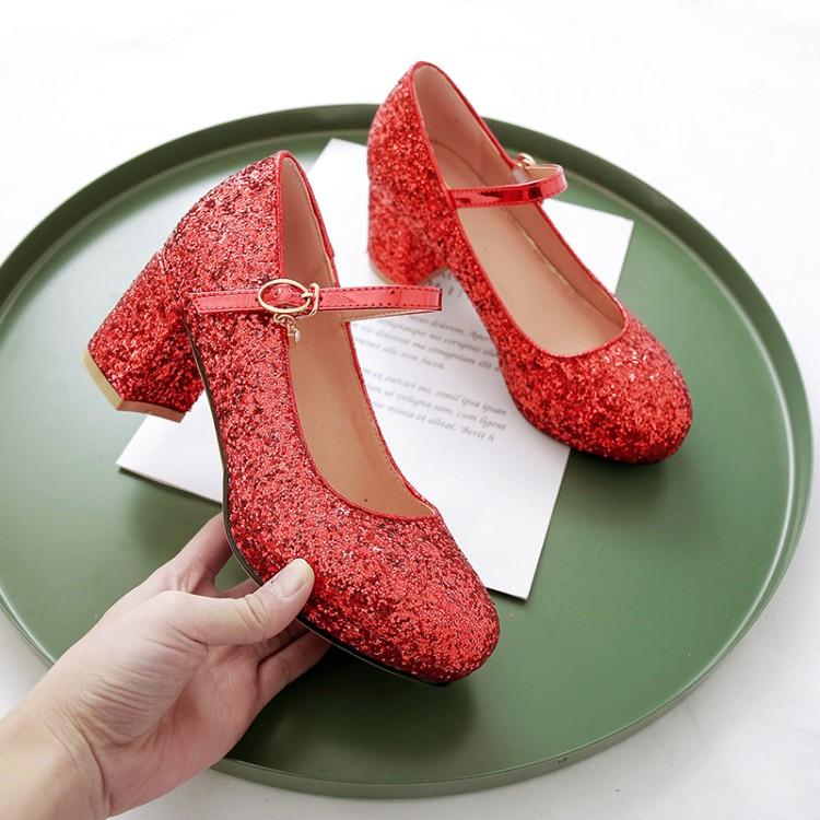 Women Glitter Golden Pumps Chunky Block Heels Platform Mary Jane Sequined Silver Shoes Woman Wedding Party 43