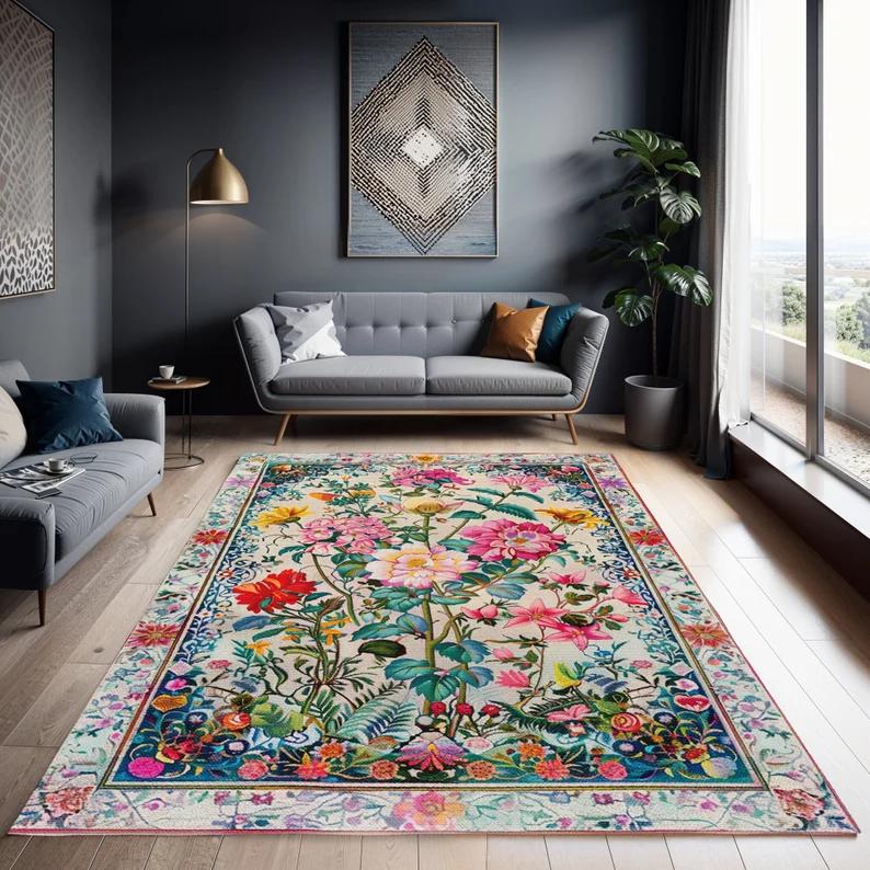 Colorful Floral Patterned Rug Dark Botanical Design Carpet Vibrant Garden Aesthetic Mat Bedroom Home Decoration