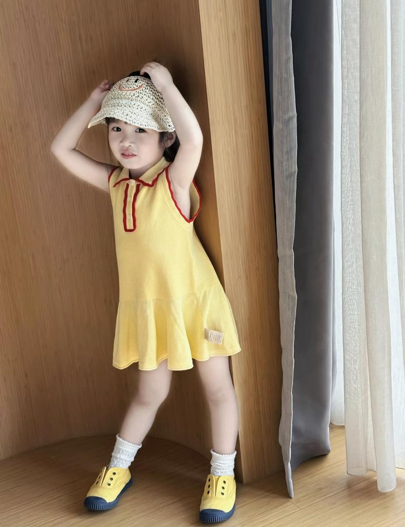 Baby Girls Summer Polo Dress, Yellow Red Contrast Trim Polo Collar Sleeveless Half Button Ruffle Hem Kids Casual Dress