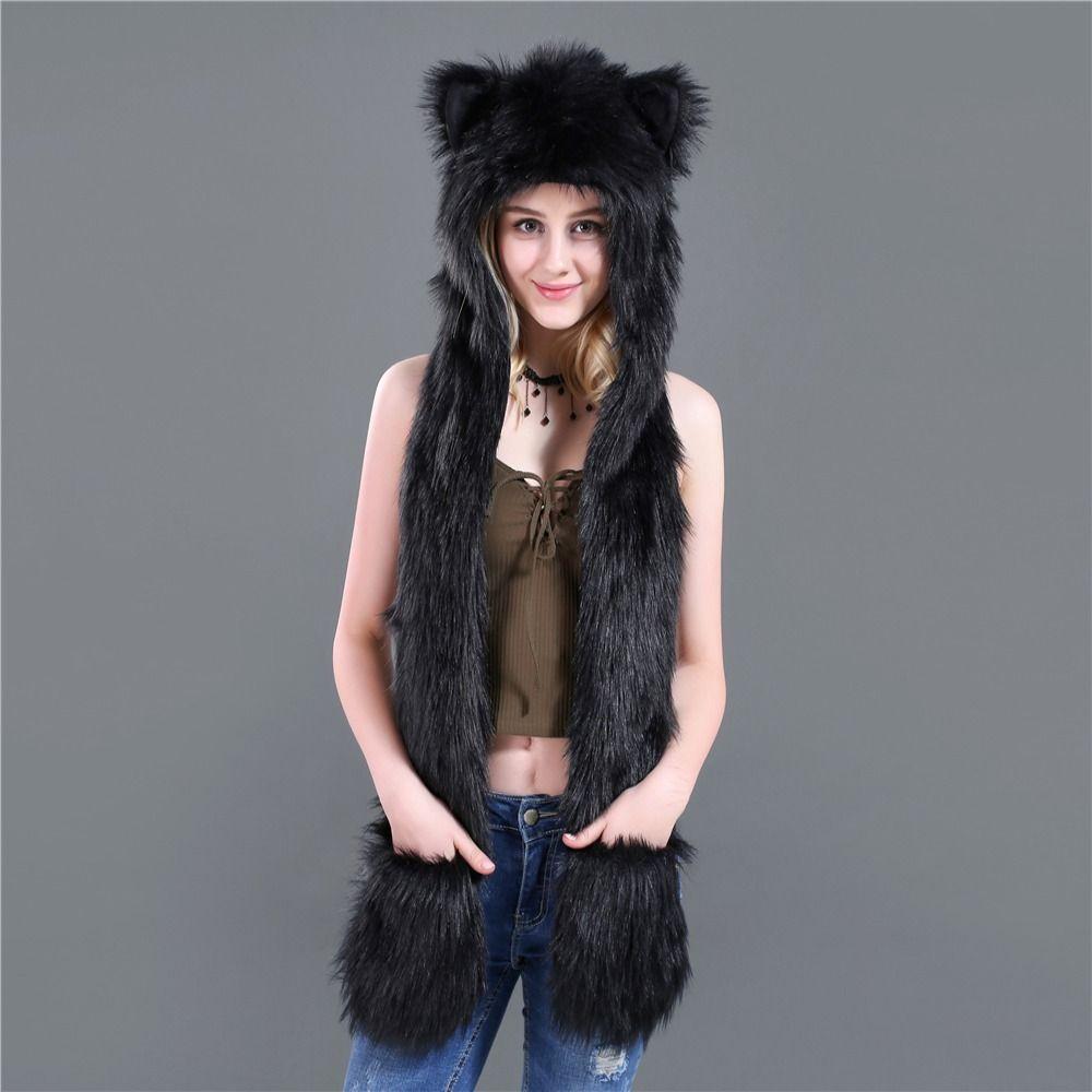 Warm Scarf Gloves Hat Set Fluffy Plush Plush Hooded Windproof Animal Hat Children