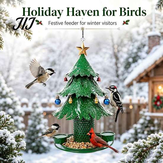 Wild Bird Feeder with Drinking Cups Christmas Tree for Outdoor, Metal Hanging 2 All Weather Rust Proof Water Cups, Green Xmas Seeds Tray Garden Patio