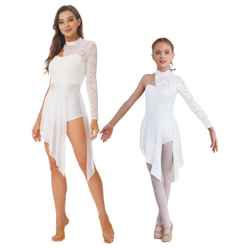 Женское асимметричное платье для лирического танца на одно плечо с кружевными длинными рукавами