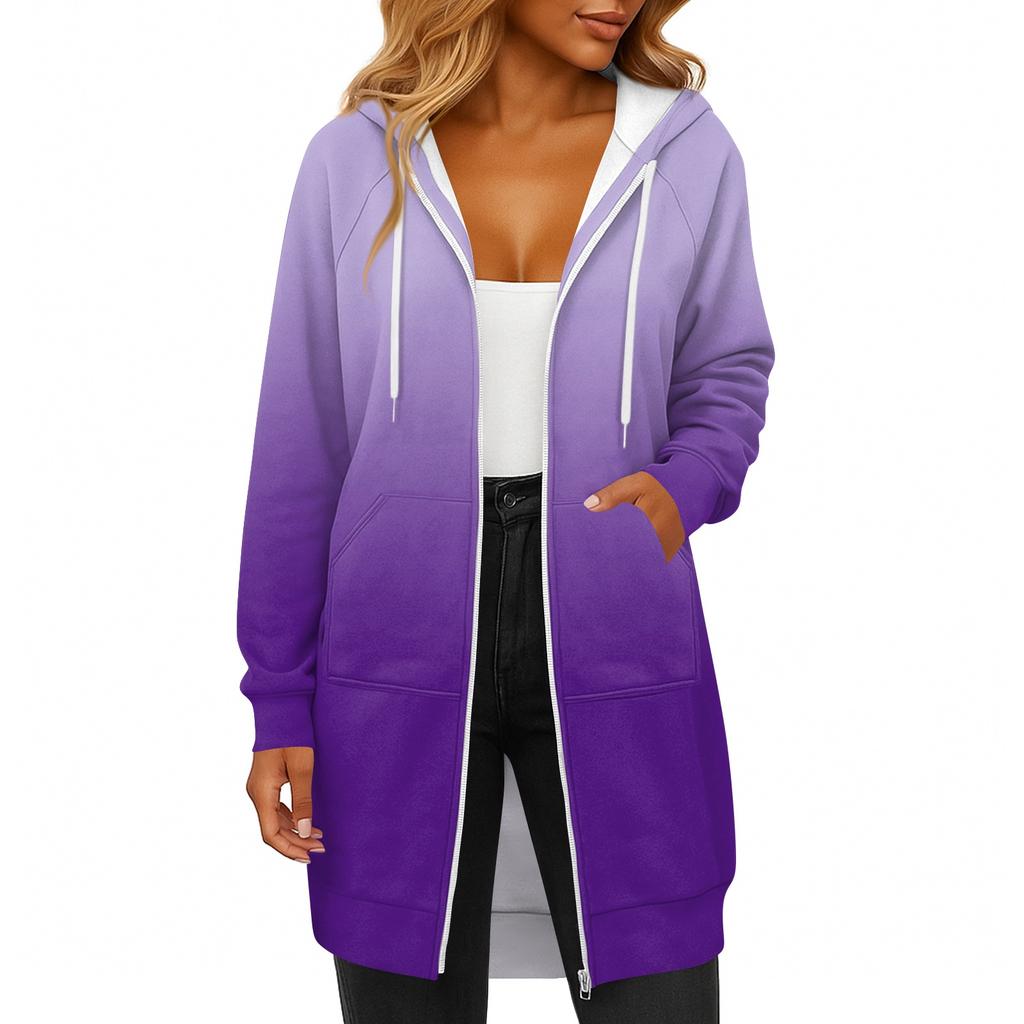 Women's Fashionable Printed Long Sleeved Drawstring Hooded Zipper Pocket Long Casual Sweatshirt Jacket