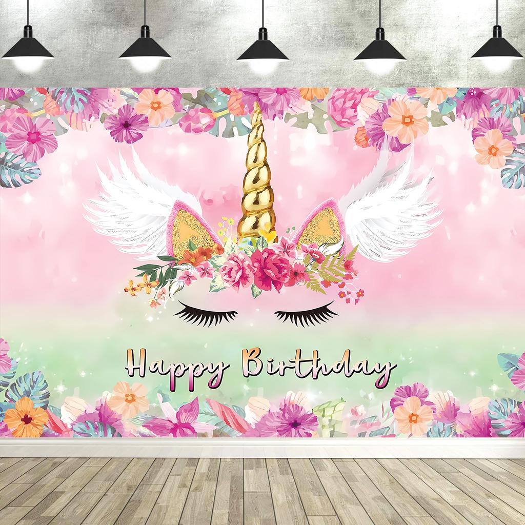 Enchanting Pink Unicorn Happy Birthday Backdrop, Polyester, No Power Needed, Perfect For Outdoor Celebrations & Magical Decor