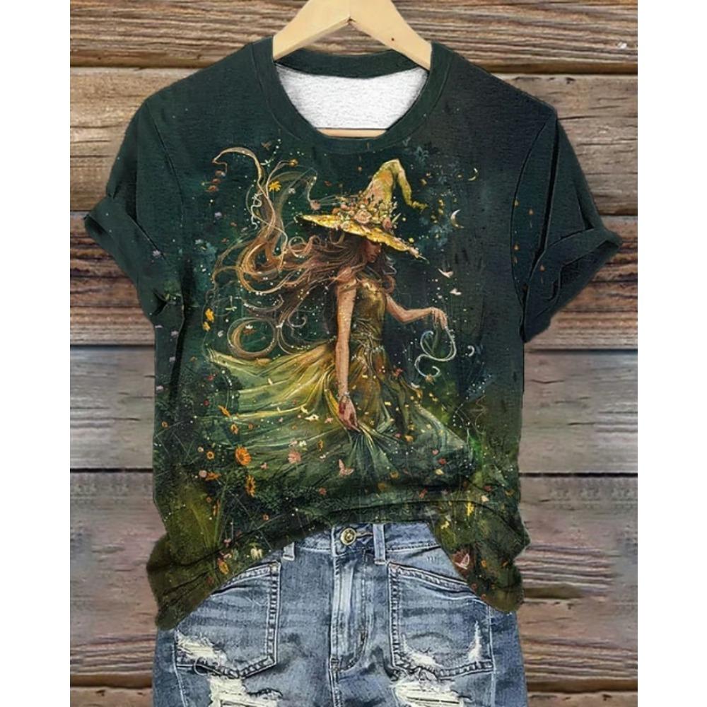 Fashion Women Retro Creative Oil Painting Witch Print T Shirt Funny Casual O-neck Short Sleeves T-shirt Summer Female Tee Shirt