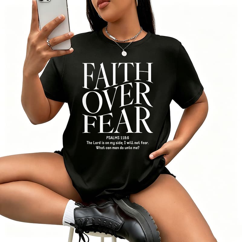 Faith Over Fear Christianjpg Womens TShirt Cotton Funny Graphic Short Sleeve Tee Novelty Shirt Casual Crew Neck Top SXL