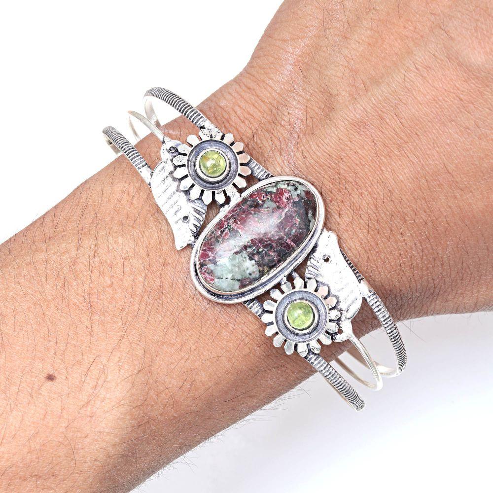 Eudialyte Jasper Gemstone Antique Silver Jewelry Cuff Bracelets7''Adjustable