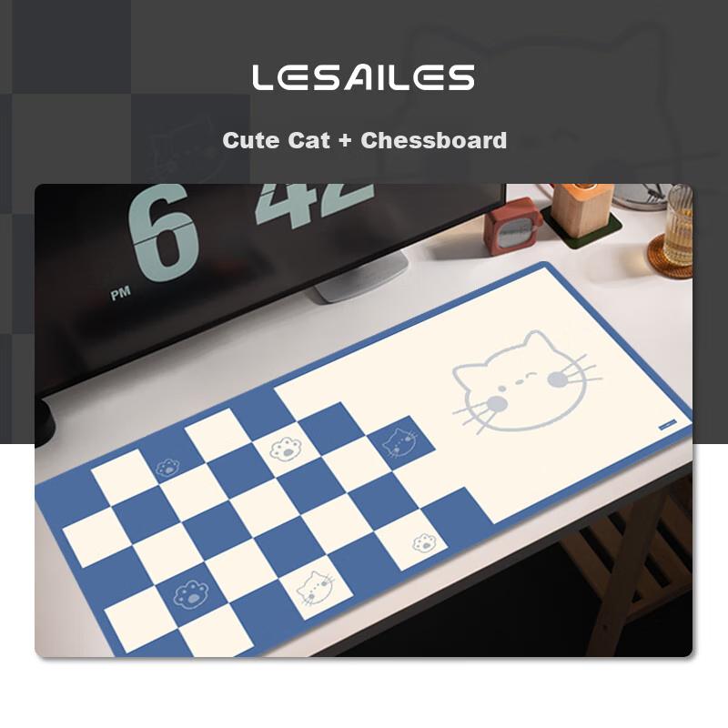 LESAILES Chess Cat Gaming Mouse Pad Extra Large Size, Thickened with Locking Edge, Office Computer Keyboard Desk Mat, Blue And Yellow, 900*400*3mm