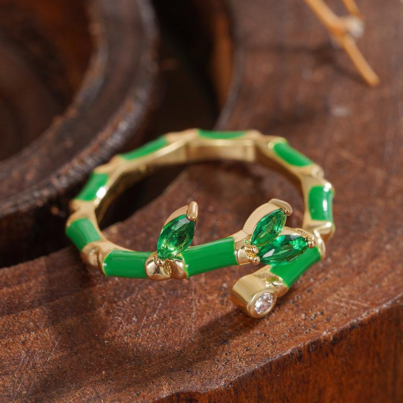 Creative Gaosheng jewelry, small fresh pastoral style dripping oil bamboo joint opening ring Xiaohongshu hot sale