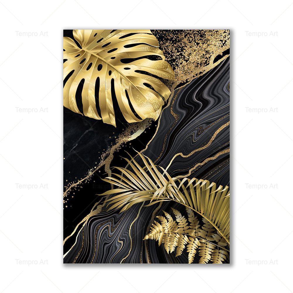 Золотые и черные листья, скандинавский постер, современная абстрактная настенная живопись на холсте, печать, настенные панно для гостиной, украшение дома
