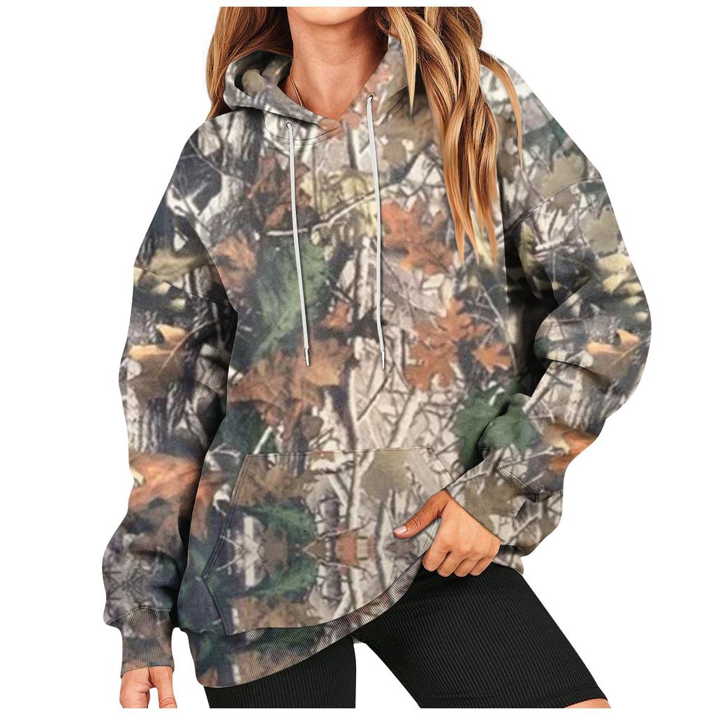 Women's Oversized Camouflage Hoodie Hooded Sweatshirt Casual Long Sleeved Pullover Loose Autumn Outfit