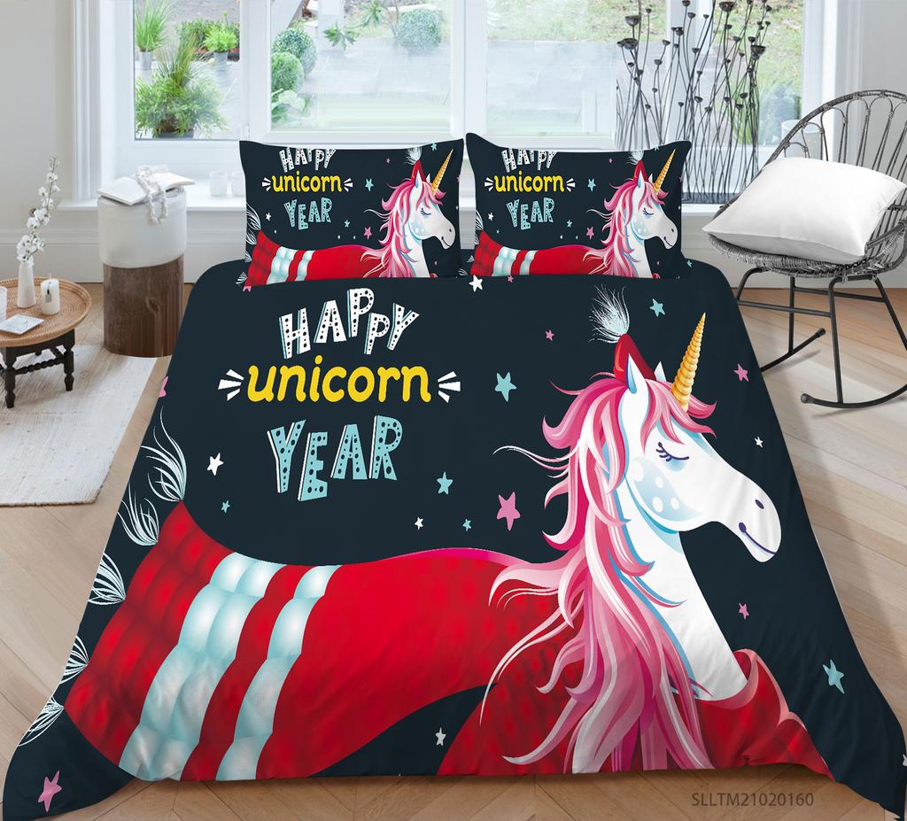 Unicorn Bedding Single Double Bed Full-size Cartoon Unicorn Printed Pillowcase and Quilt Cover 2 or 3 Home Decoration for Girls and Children's Room