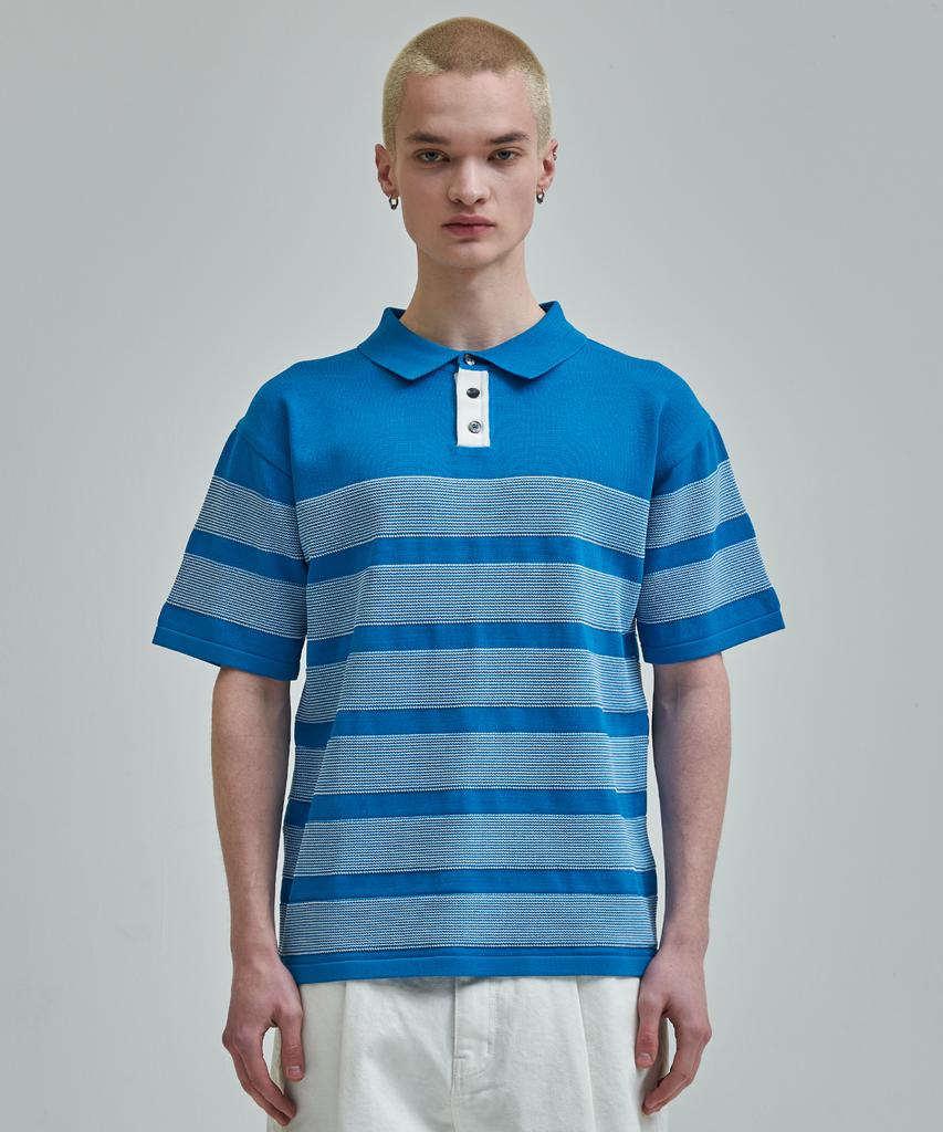 ZENSAI Striped Polo Knit Blue