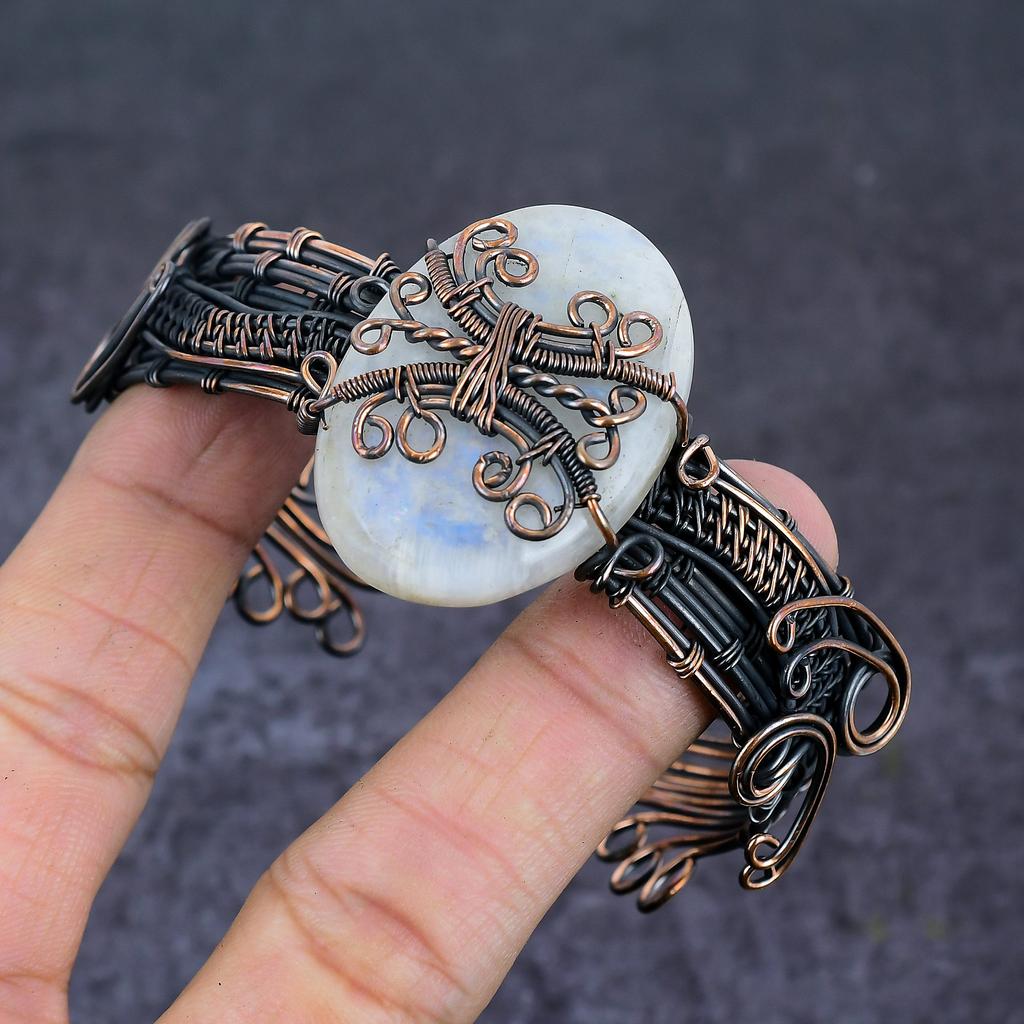 Радужный Лунный Камень Драгоценный Камень Ручной Работы Медная Проволока Оплетка Манжета Браслет Регулируемый q7G22