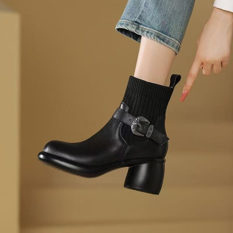 Boots Women's Fashion Black Platform Socks Boots Women's High Heel Autumn and Winter Soft Leather Fleece Elastic Boots Waterproof Table Coarse