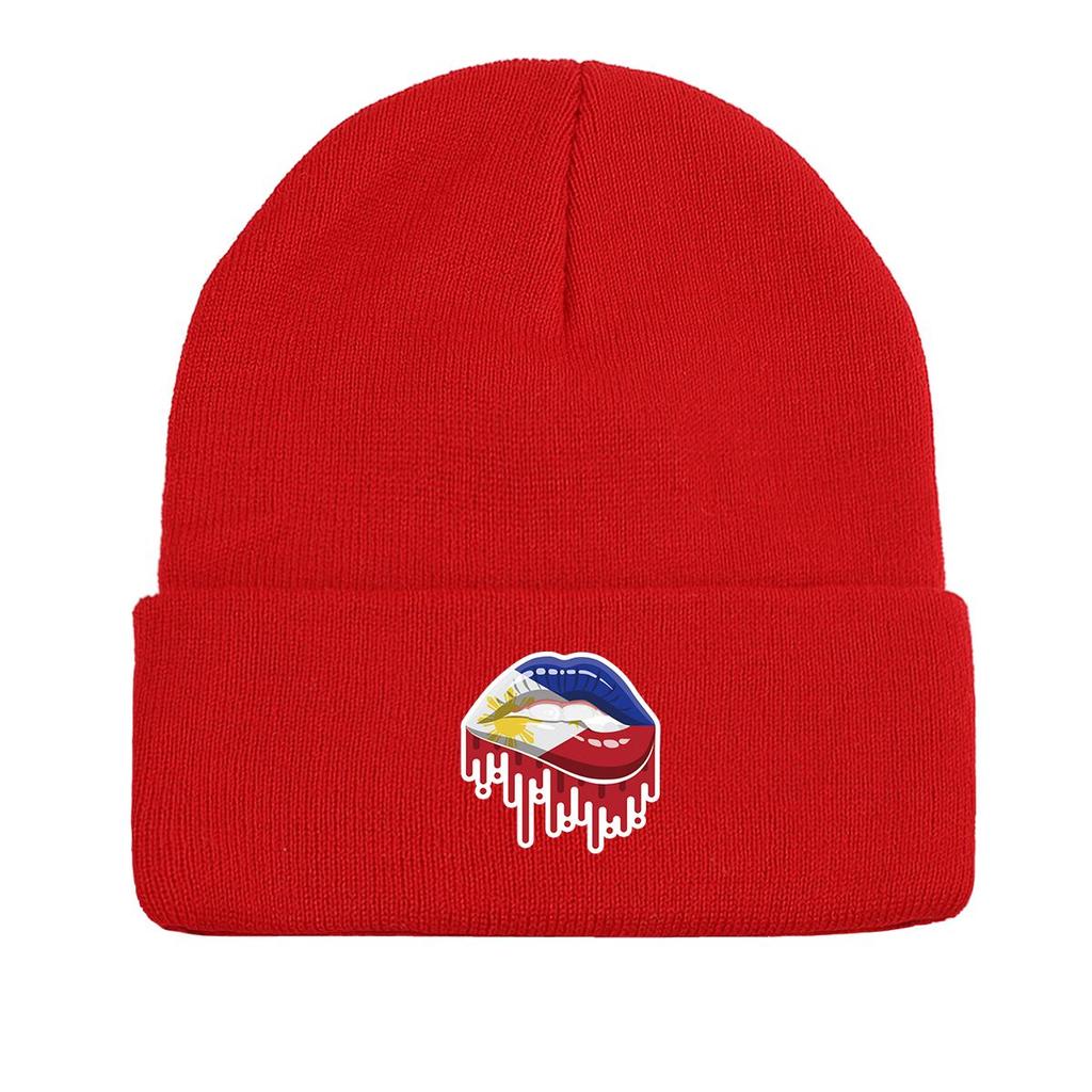 Lip Flag of Philipines Winter Knit Hat Beanie, Patriotic Skull Cap Thermal Slouchy Solid Bonnet Knitted Cap Beanie