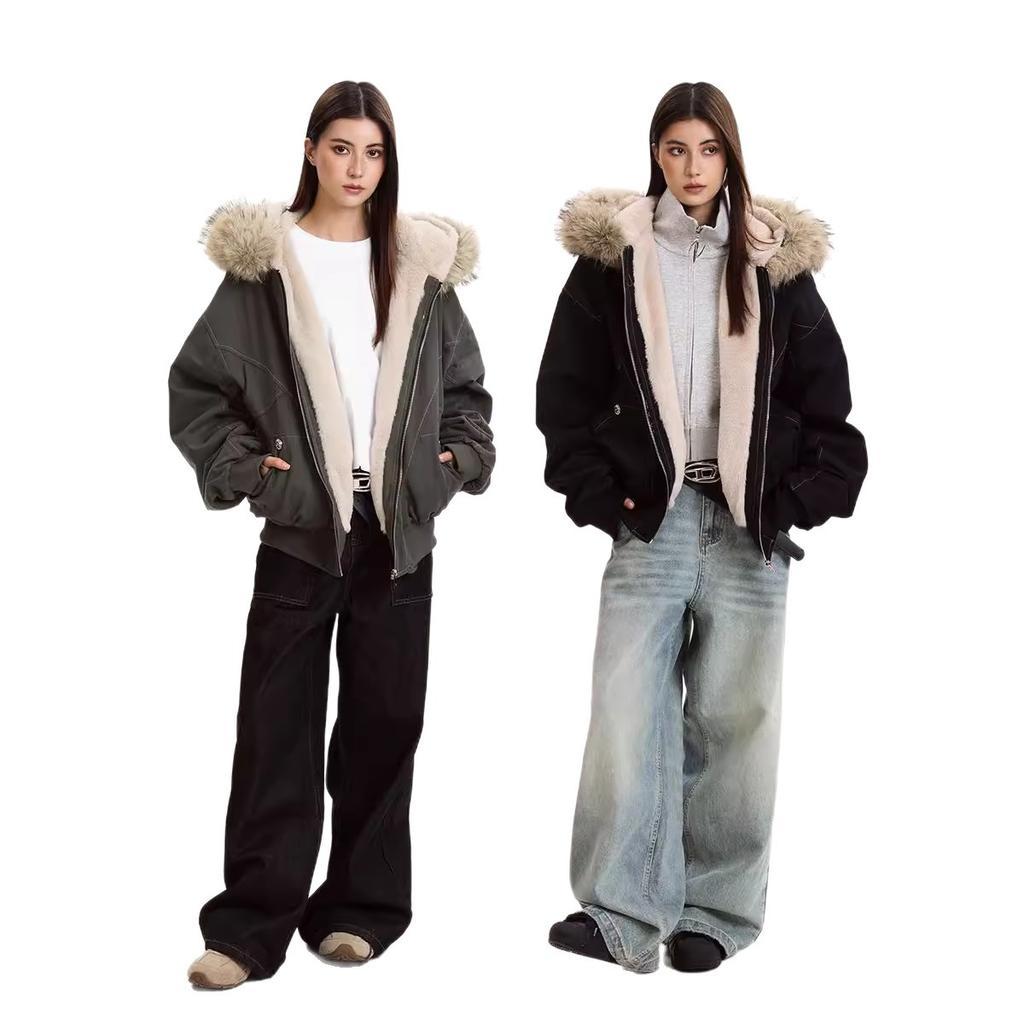 Fur Collar Jacket Cotton Clothes Men And Women Winter Thickened Loose American Cleanfit Tooling Jacket Velvet Tide