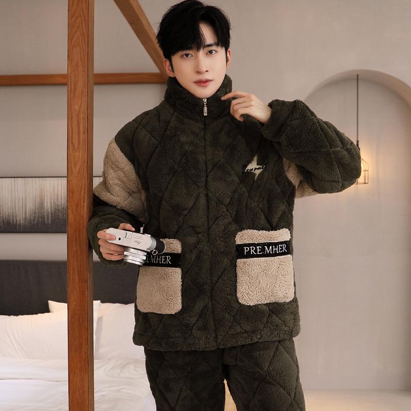 Men's Three-Layer Thickened Cotton Winter Pajamas - Warm, Simple, Luxury, and Suitable for Indoors and Outdoors.