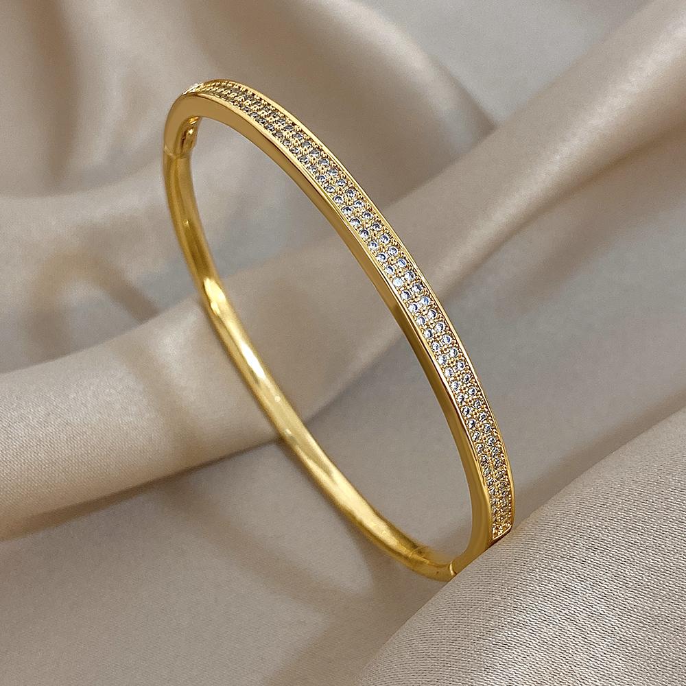 Flashbuy Gold Color Chic Inlaid Zircon Copper Bangle Bracelet For Women Statement New Design Temperament Wrist Fashion Zircon
