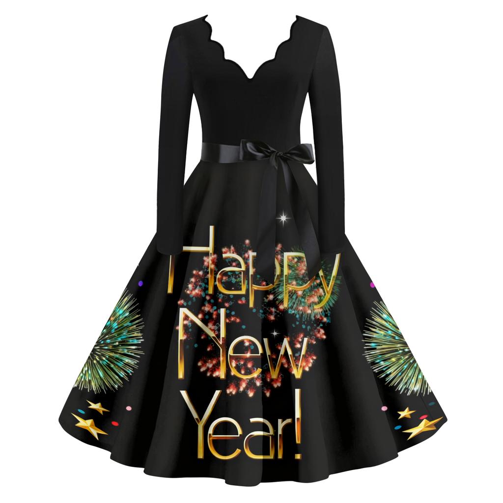 Женское повседневное модное платье винтажного стиля с V-образным вырезом и новогодним принтом