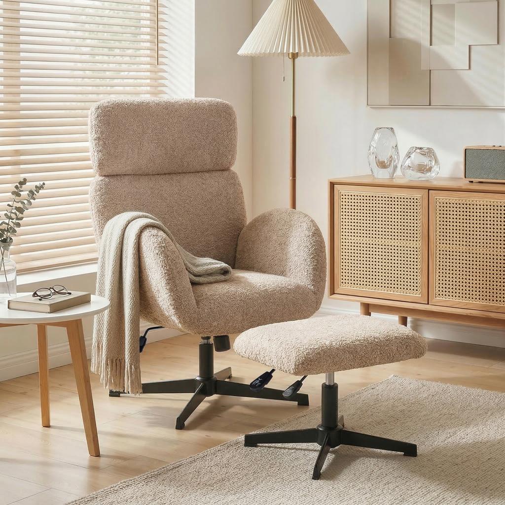 Swivel Armchair And Footstool Set Height Adjustable Accent Chair With Adjustable Headrest Rocking Function Light Brown