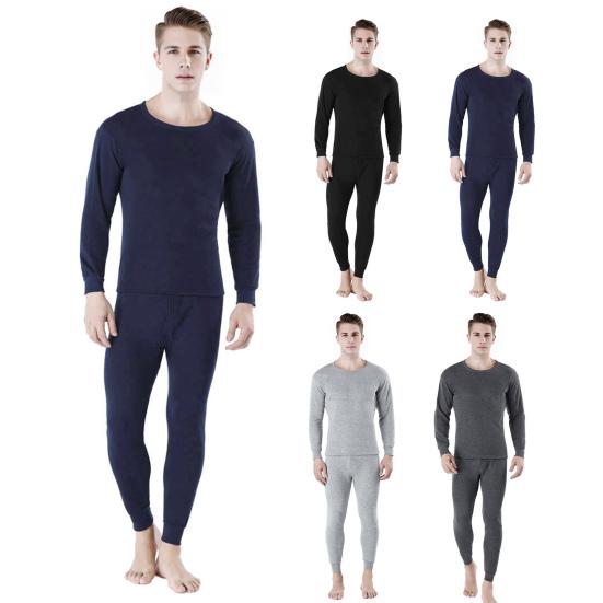 2Pcs/Set Men Warm Suit O-Neck Long Sleeve Tops Elastic Waist Long Pants Set Solid Color Plush Lining Pajamas Set