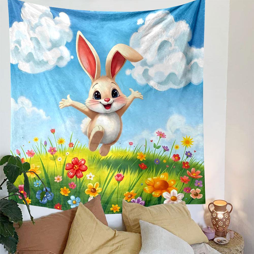Cute Bunny Jumping in Flower Field Patterned Tapestry Decorative Wall Hanging, Home Bedroom Living Room Decor