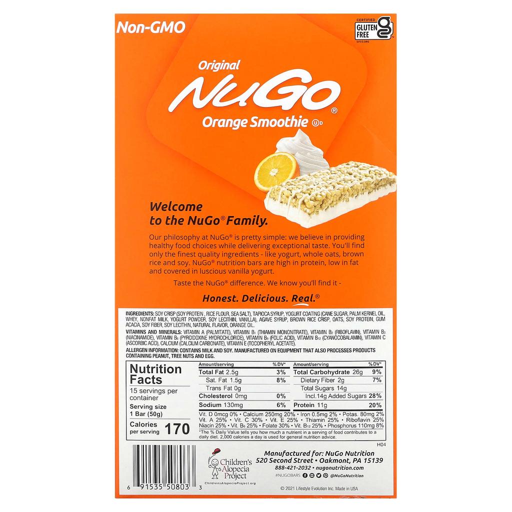 NuGo Nutrition, Апельсиновые батончики со смузи, 15 батончиков, 1,76 унции (50 г) Каждый