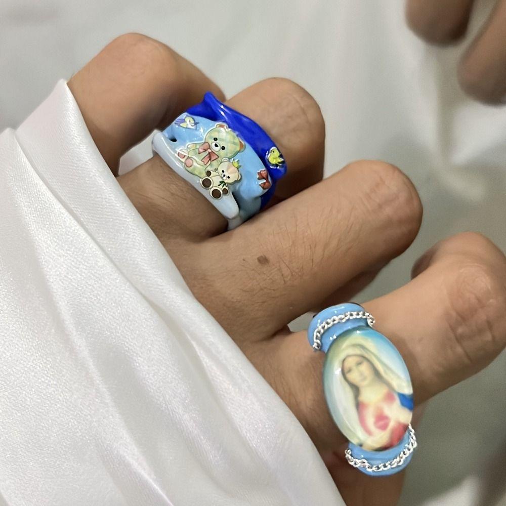 Open Ring Painting Ring Dripping Oil Irregular Enamel Ring Vintage Cartoon Bear Ring  Friend