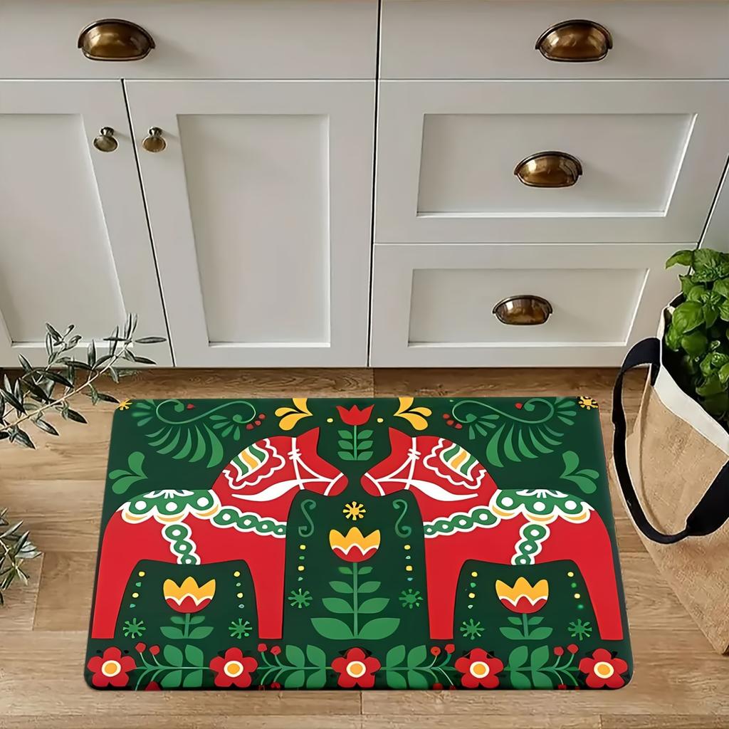 1pc Folk Art Pattern Non-Slip Rug, Machine Washable Floor Mat for Living Room Bedroom Game Room Entrance Bathroom Home Decor
