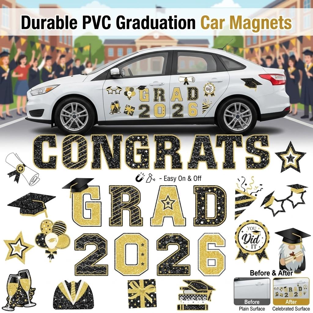 2026 Graduation Season Car Magnetic Stickers 30 Pieces Set PVC Durable Design For Graduation Celebration