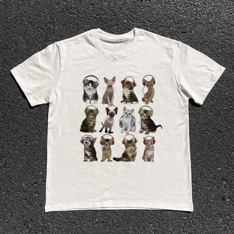 New Womens Tshirt Cat Listen To Music Printed Casual Fashion Short Sleeve Tshirt Soft Comfortable Summer Women Clothing
