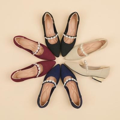 Женские туфли больших размеров на толстом каблуке, простые, повседневные, с острым носком, с неглубоким вырезом, с жемчугом, рабочие туфли, однотонные, размеры 34-43