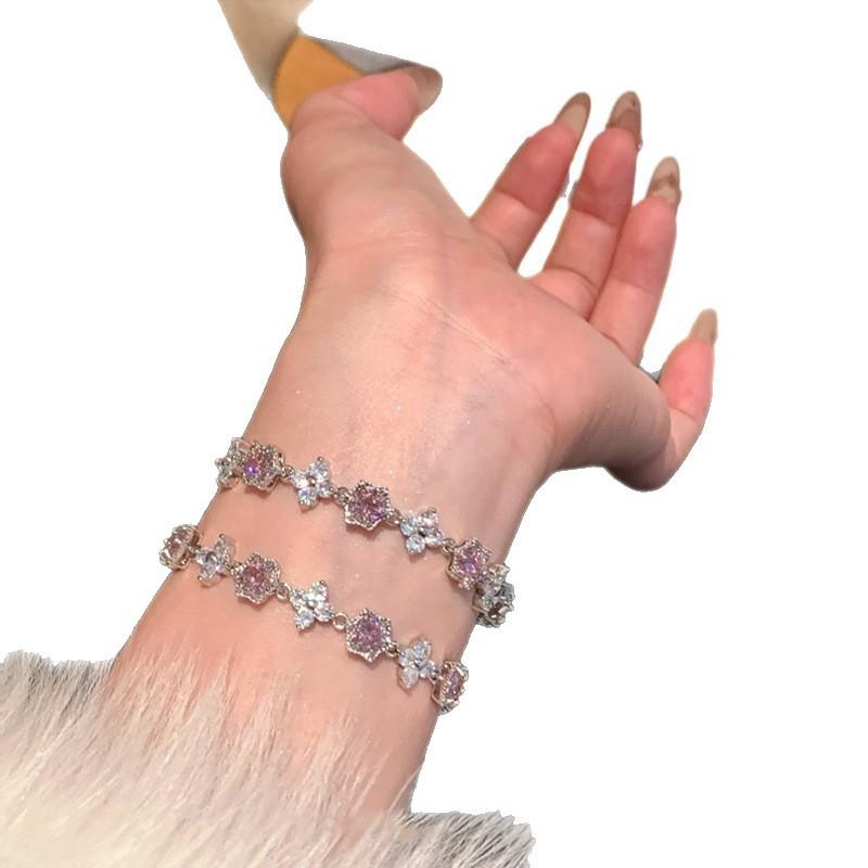 Zircon Flower Geometric Clasp Bracelet Women Tone With Pink Or Green Accents Fresh Sweet Style Lightweight Elegant