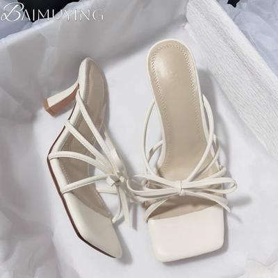 Туфли-бантики Женские туфли на высоком каблуке Сандалии Обувь с квадратным носком Элегантные Летние 2025 Платье Роскошные Лодочки Тренд Обувь с открытым носком Повседневные Шлепанцы