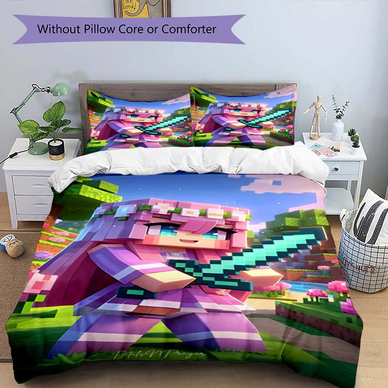 3pcs Duvet Cover Set (1*Duvet Cover + 2*Pillowcase, Without Core),Sandbox game Print Bedding Set, Bedroom Decor, All‑Season, Birthday Gift