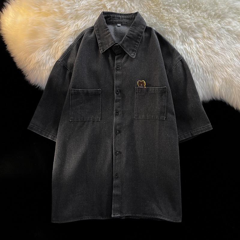 Мужская рубашка из денима в стиле ретро с коротким рукавом — стиль Гонконга и Кореи, свободный крой, модная летняя куртка с коротким рукавом