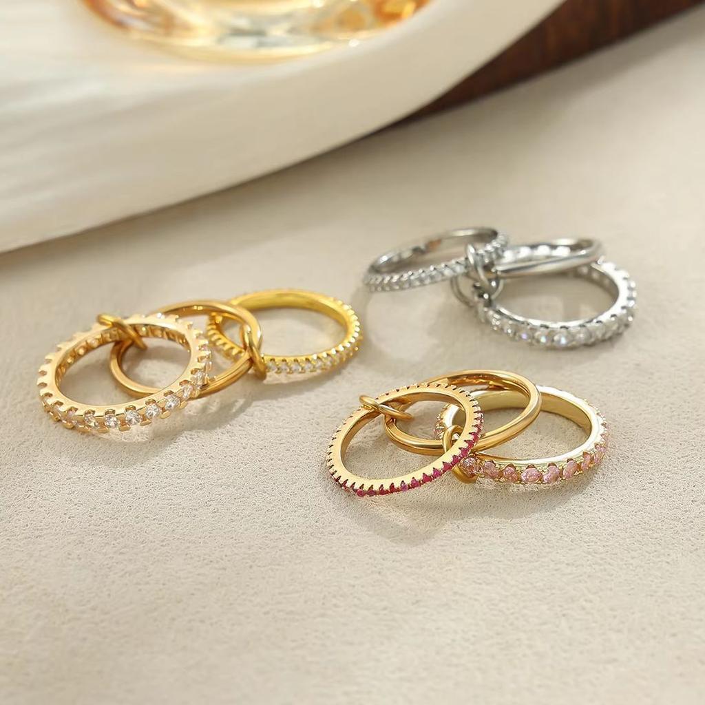 KunJoe Cubic Zirconia Stainless Steel Multilayer Connecting Ring Women Luxury 18K Gold Plated Finger Rings Trendy Party Jewelry