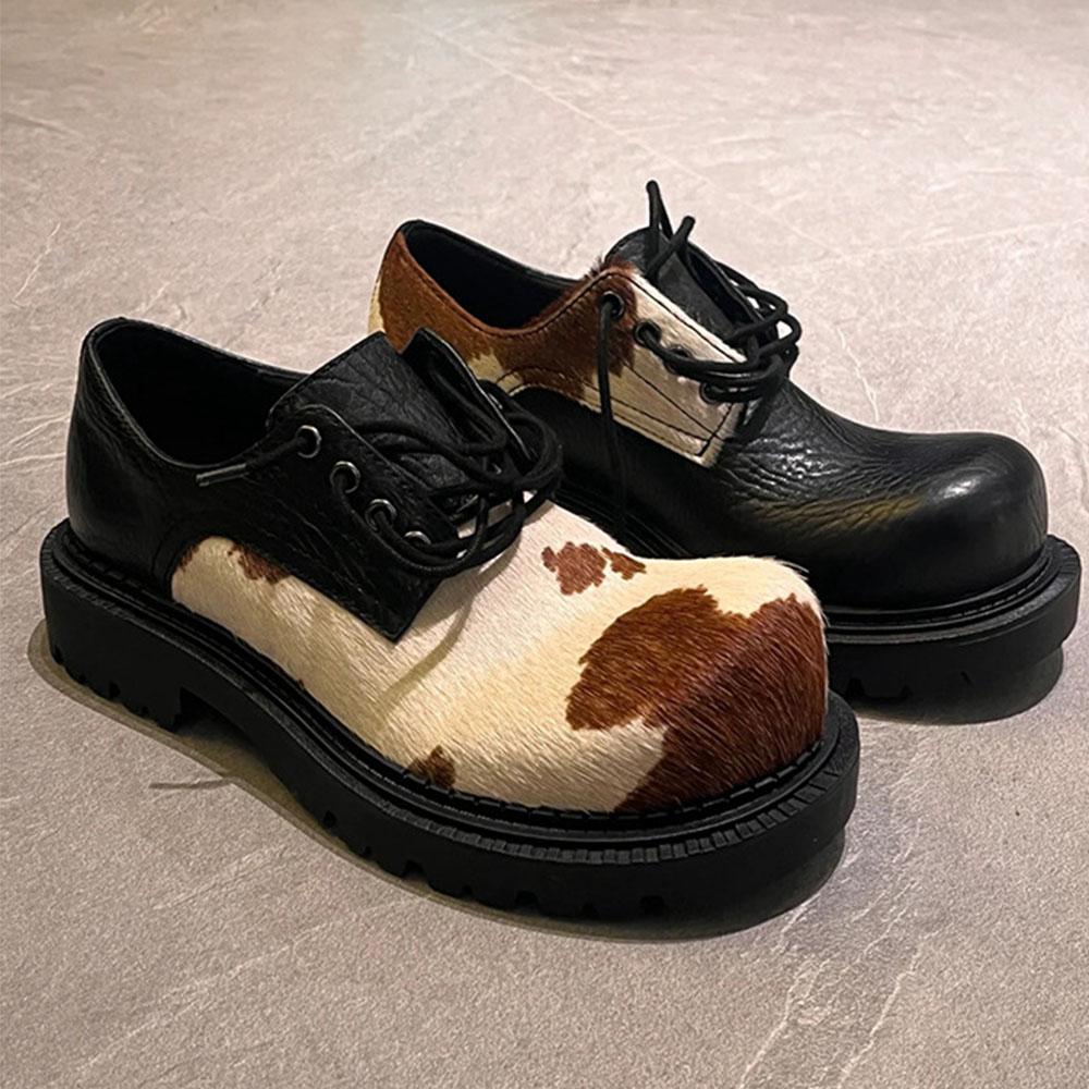 Мода 2025 Большой размер 46 Унисекс Ретро Дерби Туфли Женские Винтажные На шнуровке С коровьим узором Из конского волоса С широким носком Балетки для мужчин