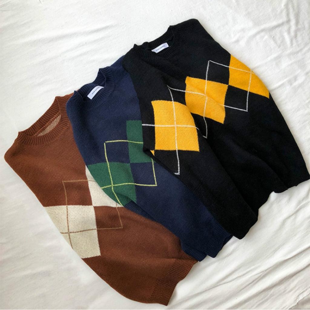 New Arrival Women's Fashion Argyle Loose Slimming Pullover Knitwear Casual Sweater Coat