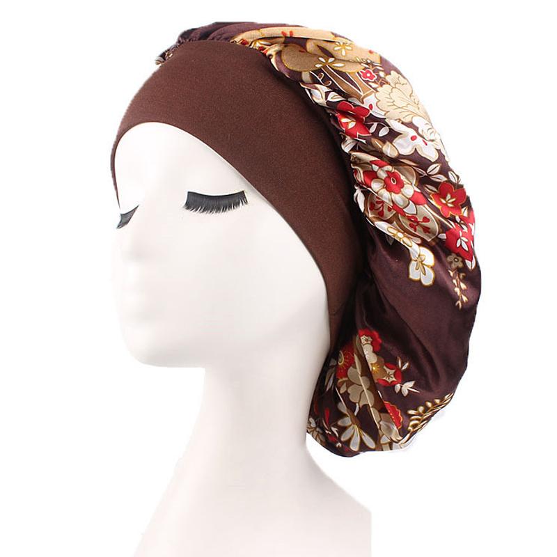 Floral Print Nightcap Women Satin Night Sleep Satin Hair Bonnet Silk Head Cover Wide Elastic Band