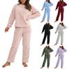 Комплект из 2 предметов: пижамный комплект осень-зима, повседневный комплект из топа и брюк, топ с круглым вырезом и длинными рукавами, эластичный пояс, спортивный костюм, повседневная одежда, одежда для сна