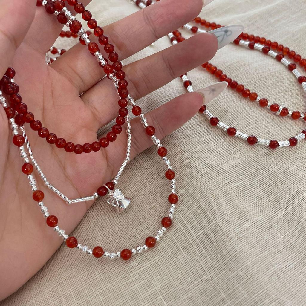 Ticky Корейское Высококачественное Серебро S925 Красный Агат Ожерелье для Женщин - Простое, Элегантное Рождественское и Новогоднее Подарок